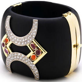 Jet Cuff with Diamonds in U shape and Multi Colored Cabochons